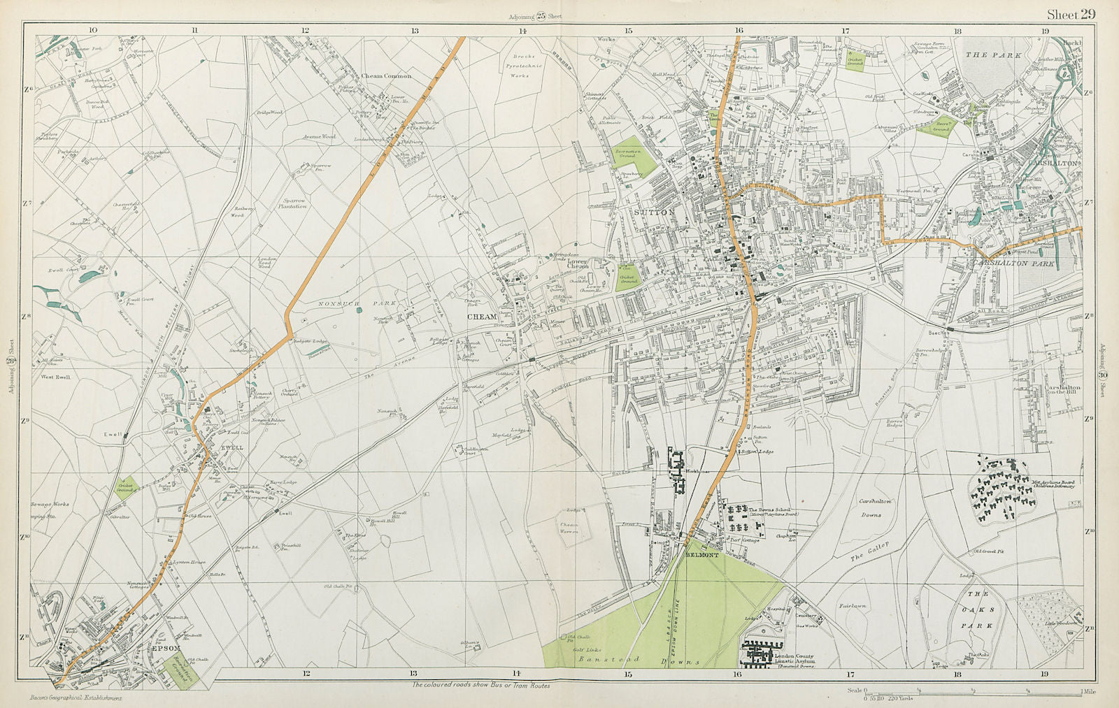 SUTTON Cheam Epsom Belmont Carshalton Ewell Banstead Downs. BACON  1920 map